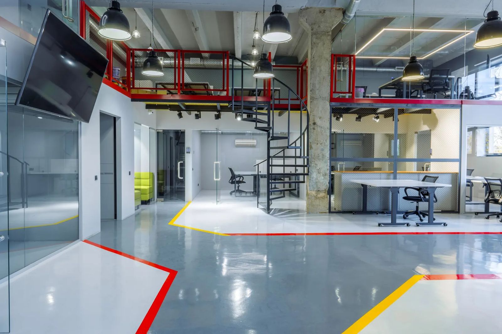 Commercial office epoxy floor with red and yellow color zones