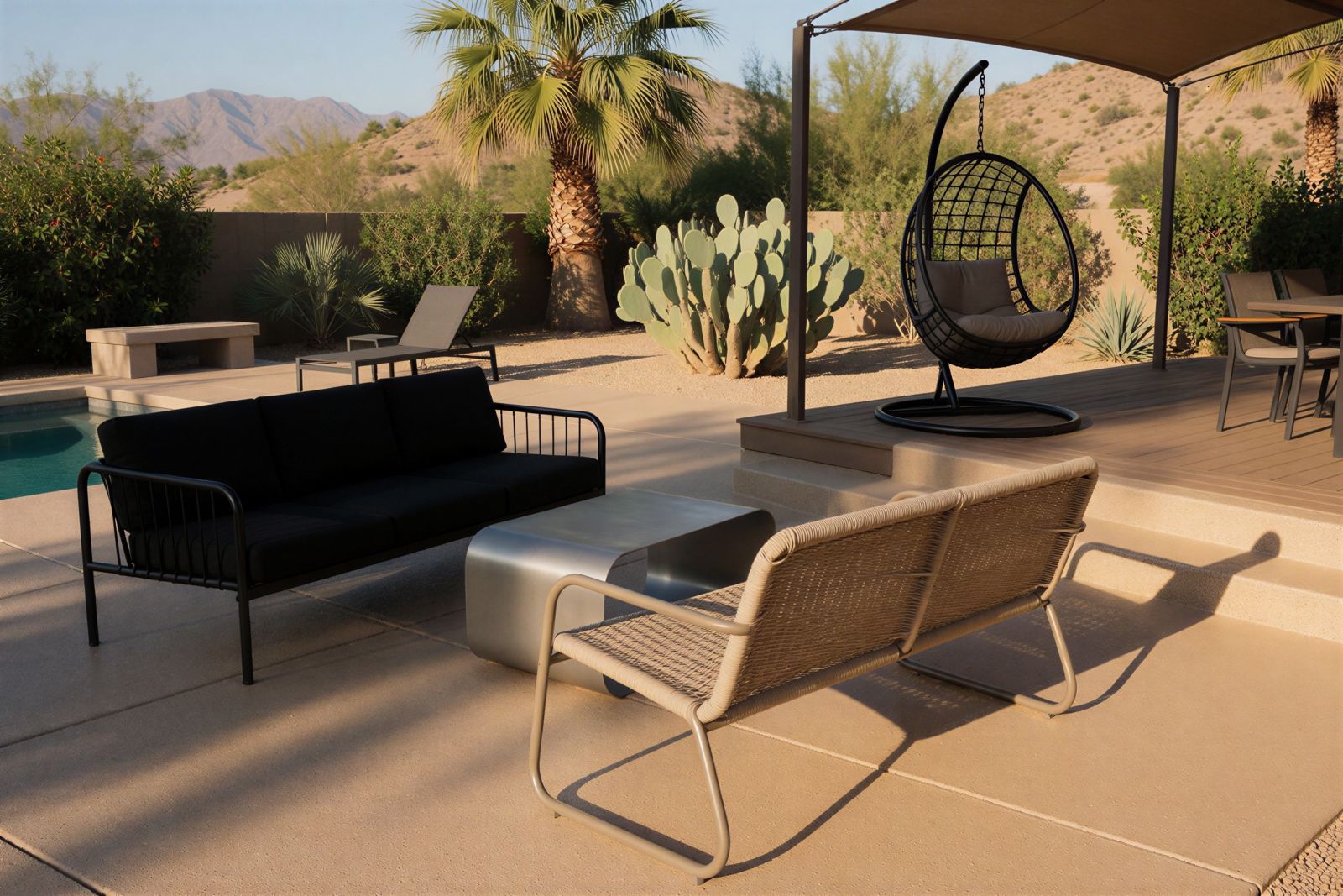 Coated covered patio with outdoor furniture and cactus