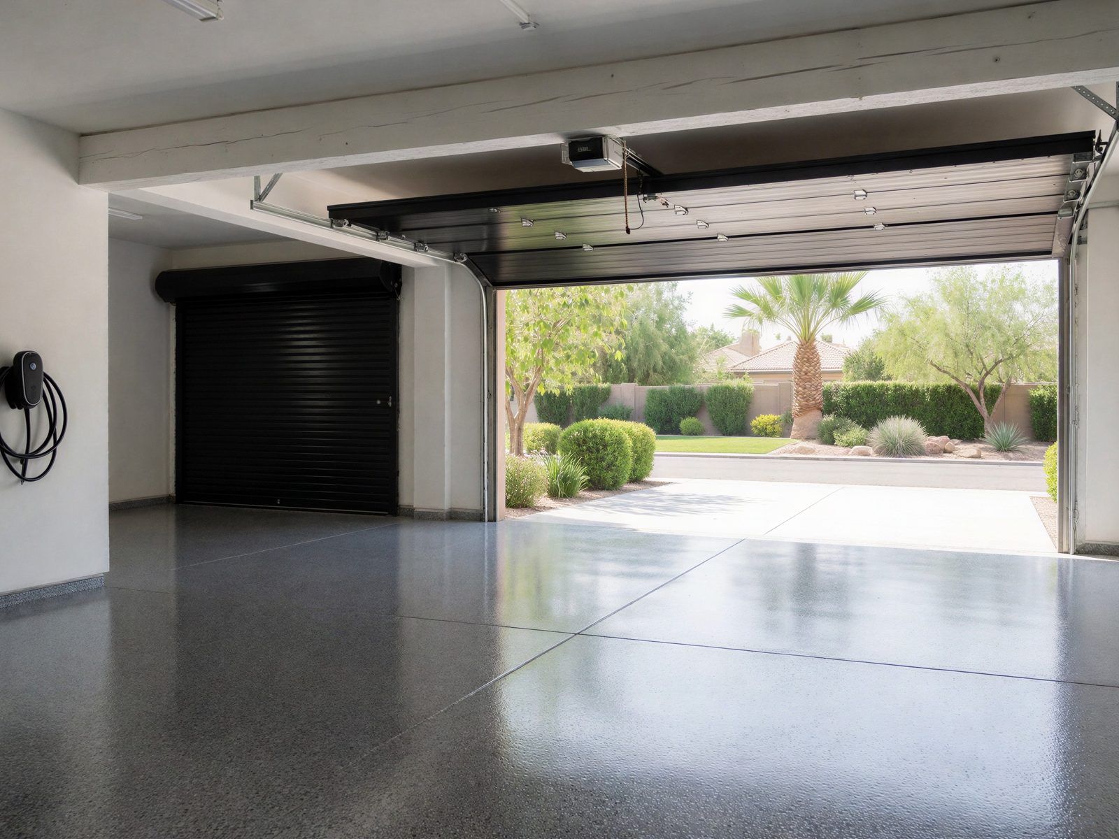 Flake floor with the garage open to palm trees