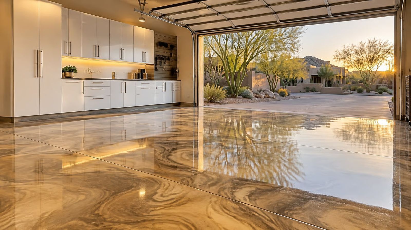 Glossy metallic epoxy garage floor reflecting a desert sunset in Maricopa, AZ