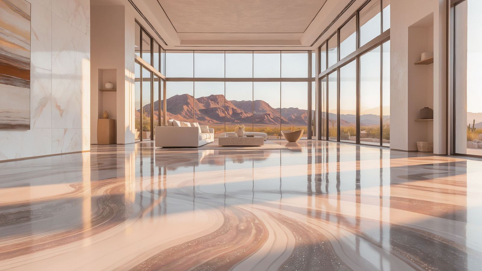 Metallic epoxy floor in a living room with desert views