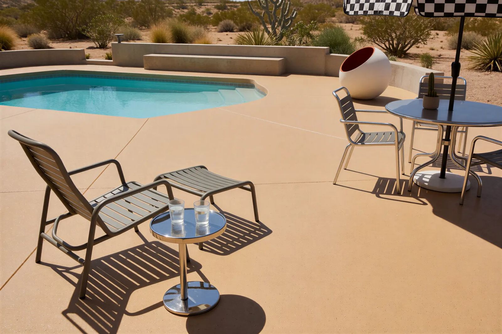 Light-colored coated pool deck with patio furniture