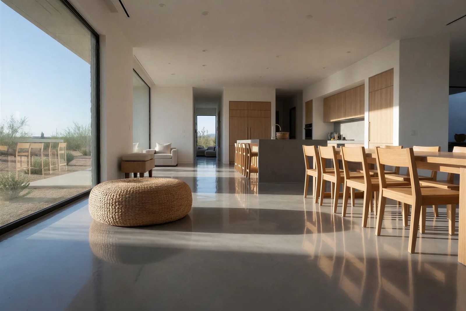 Solid grey epoxy floor in a bright modern home
